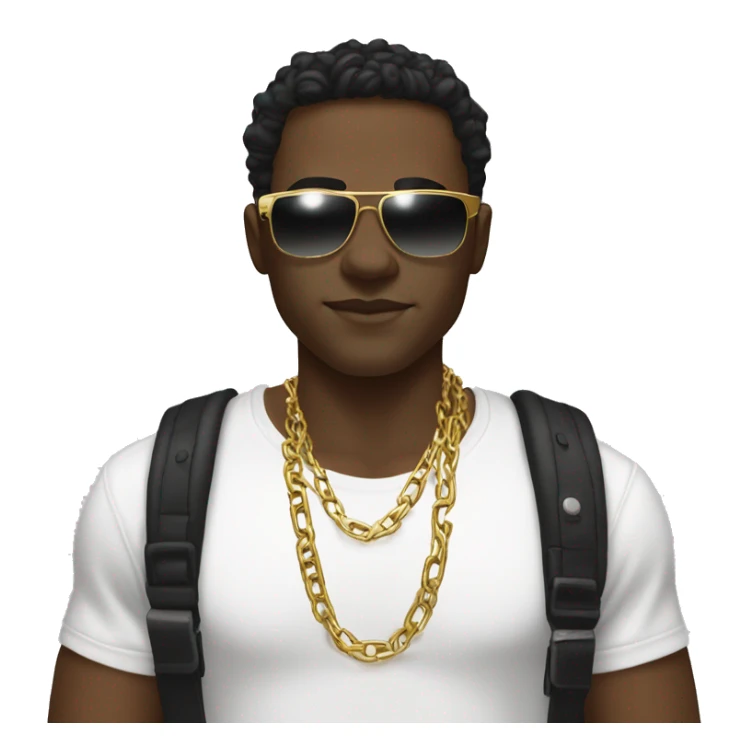 A young man with dark, wavy hair wearing stylish rectangular sunglasses, a white graphic t-shirt, a gold chain, and a black shoulder strap, with a neutral expression.
 sticker