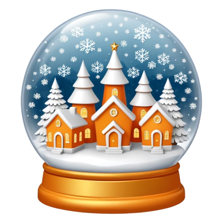 Orange Christmas village snow globe сделай полностью белым: основа шара белая, 3 белых дома и 2 белых елки внутри с золотыми снежинками sticker