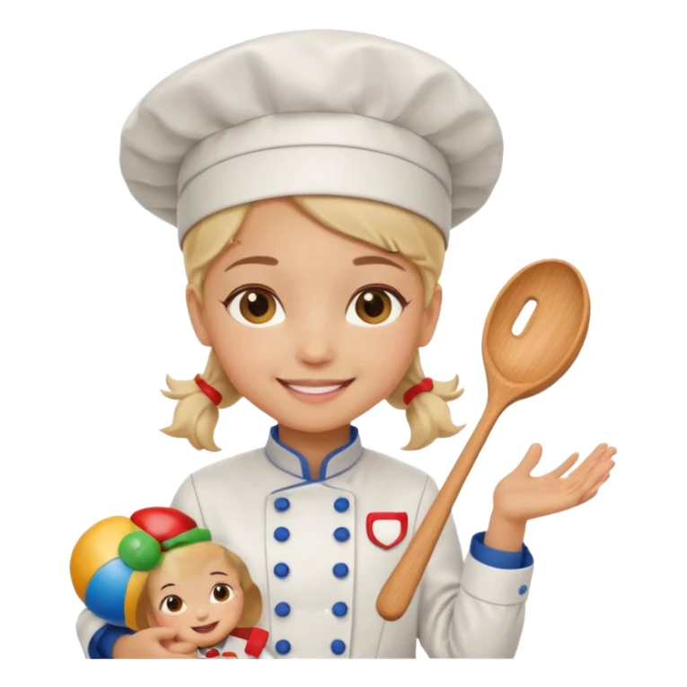 girl kid italian chef, uniform, holding toy sticker