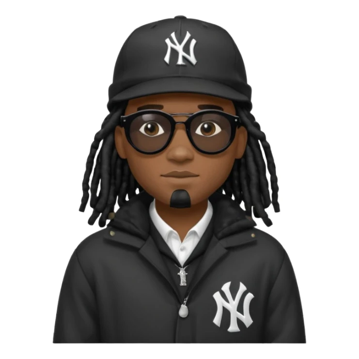 African American man with shoulder length black dreadlocks wearing black sunglasses with black bubble winter coat wearing a black New York Yankees baseball hat sticker
