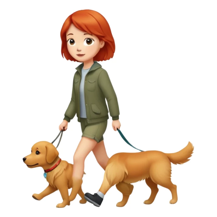 A red short-haired girl walking a golden retriever sticker