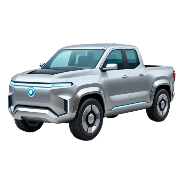 A futuristic electric pickup truck emoji, silver chrome body, angular cyber design, smooth metallic panels, subtle reflections, minimalistic proportions, iOS emoji style, centered composition, clean white background, soft lighting sticker
