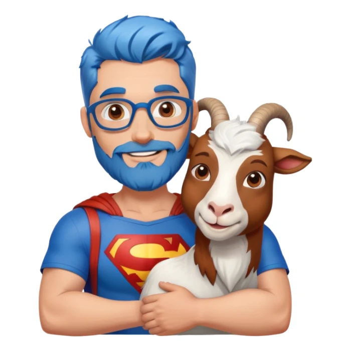 Adult Superman with redish brownish full beard with his arm around a blue hair happy goat sticker