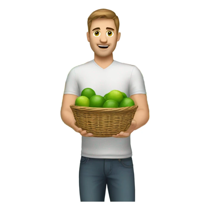 A white man with brown hair and tall carrying many limes in his hands in a supermarket. Make it so the limes are nearly overflowing the basket. sticker