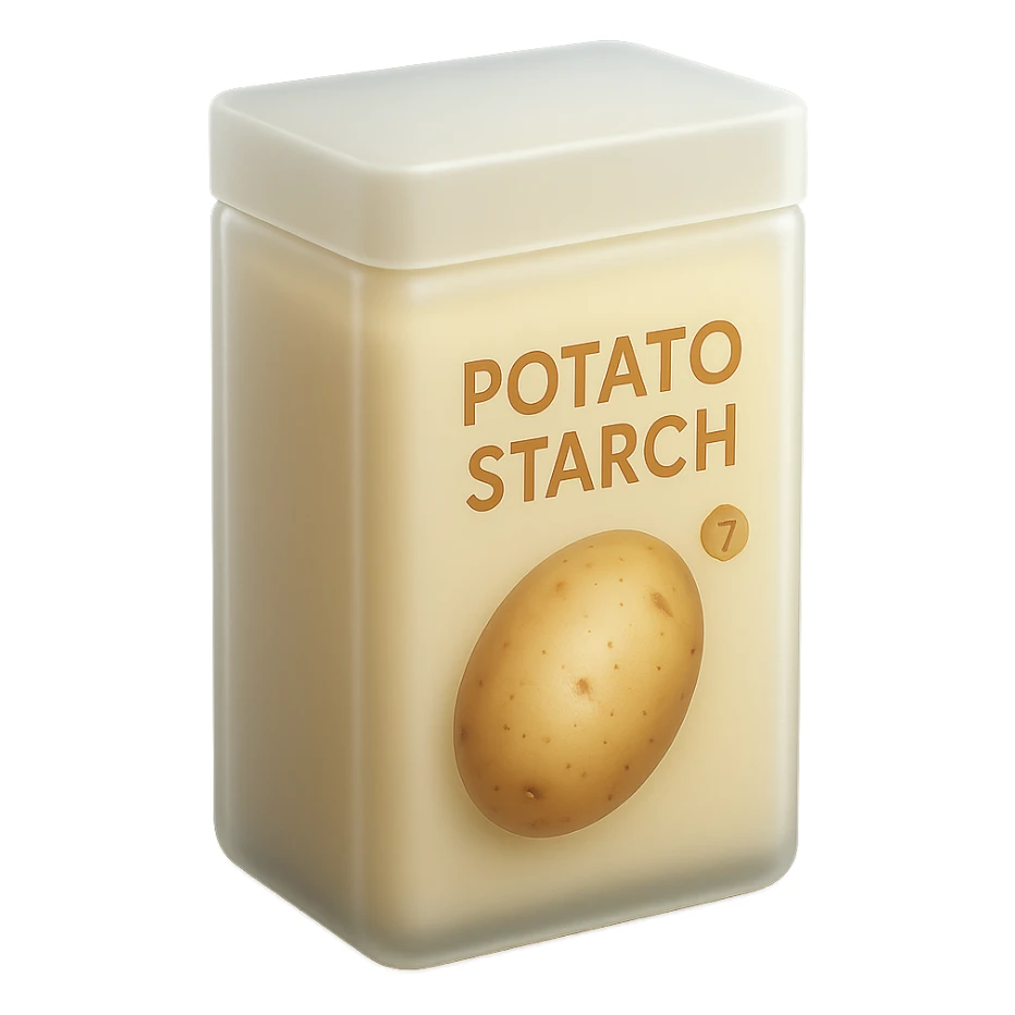 Make the potato starch box match the form and proportions of the reference image: a tall, rectangular box with a flat top and rounded edges, similar to the cornstarch box shown. Keep the box beige or pale yellow, with a potato illustration and the label 'POTATO STARCH' in warm-colored letters. Minimal, clean, 3D, soft lighting, transparent background, emoji scale. sticker