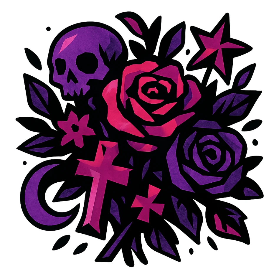 gothic bouquet, bold colors, dynamic shading, energetic, gothic motifs, black, magenta, and purple sticker