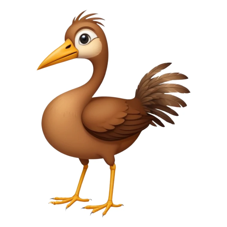 an oval brown bird with two short strong legs a long thin beak stringy feathers small head  sticker