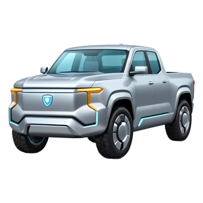 A futuristic electric pickup truck emoji, silver chrome body, angular cyber design, smooth metallic panels, subtle reflections, minimalistic proportions, iOS emoji style, centered composition, clean white background, soft lighting sticker
