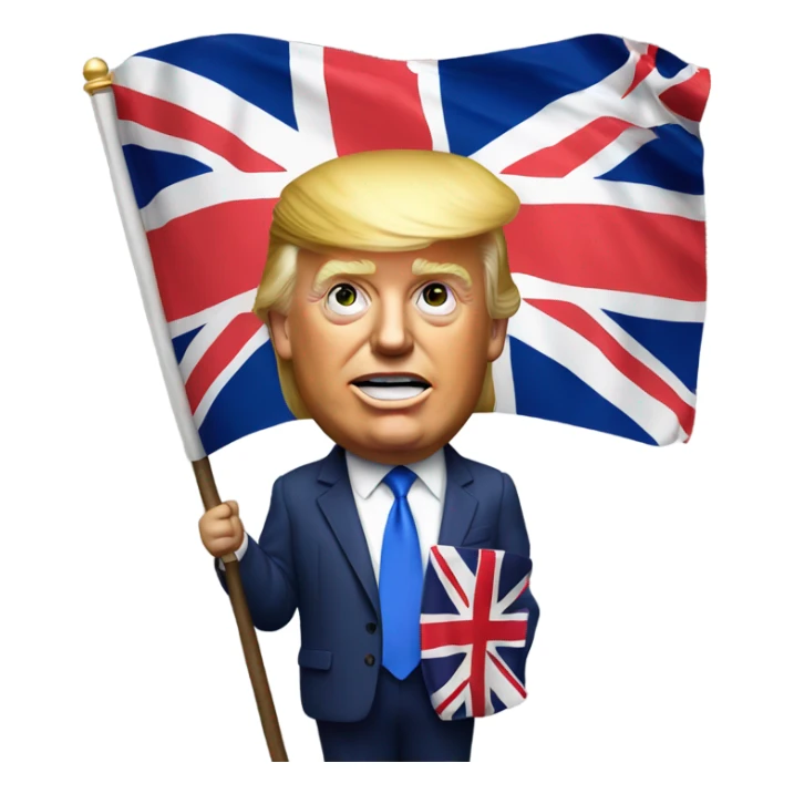 Hyper realistic Donald Trump holding a british flag sticker