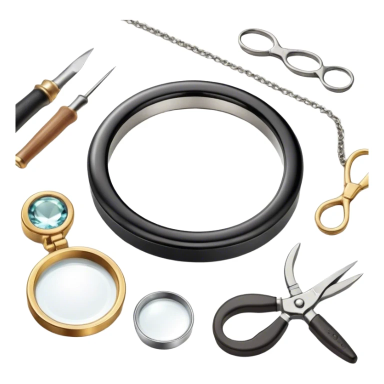 Create an icon that represents the art of jewelry making. The design should feature 1-2 pieces of jewelry, such as a ring or necklace, in progress. Include a small workbench or table, a magnifying glass, and tools like pliers and tweezers. The composition should feel elegant and detailed, showcasing the precision and skill involved in crafting jewelry. The background should be transparent. sticker