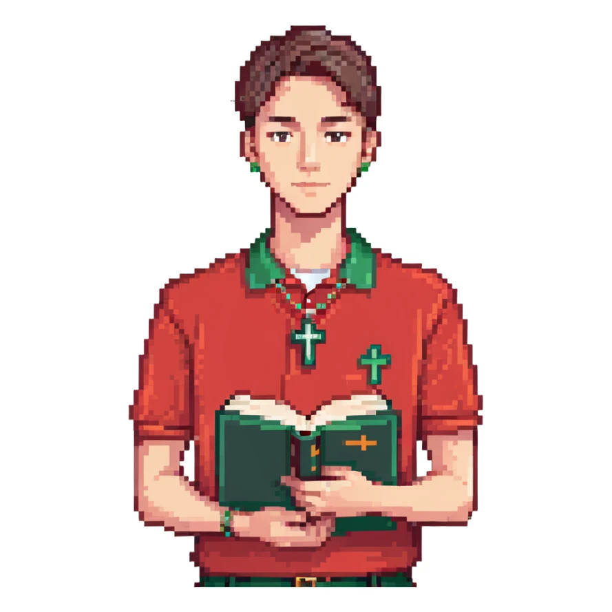 man with clean haircut, wearing a red polo shirt, holding a book and wearing a cross necklace sticker