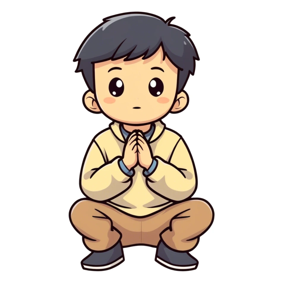 Boy kneeling asking "how may I be of use to you" sticker