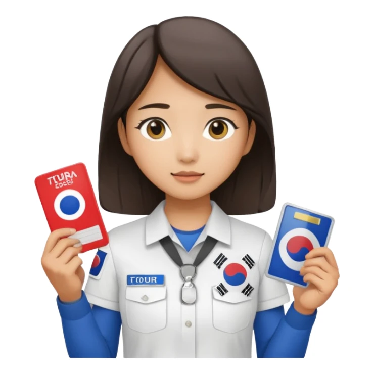 A young Asian guide holding her tour license in both hands, wearing a white shirt with the South Korea badge on her chest. sticker