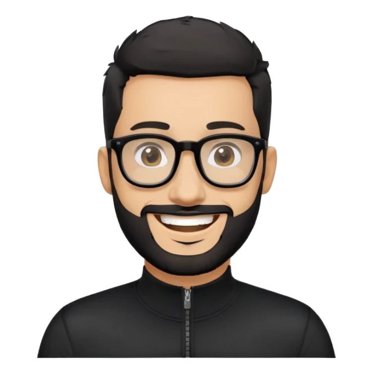 Light-skinned man with very short black hair, short salt and pepper beard, big black glasses frames, happy smile, black long sleeve zip-neck shirt sticker