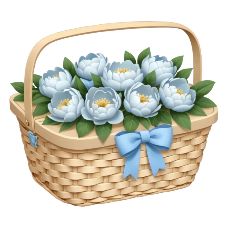 White Picnic basket with light blue bow and white peonies inside sticker