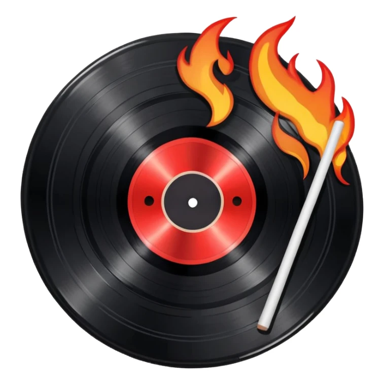 a black vinyl record white stick  with red outlin and flames  sticker