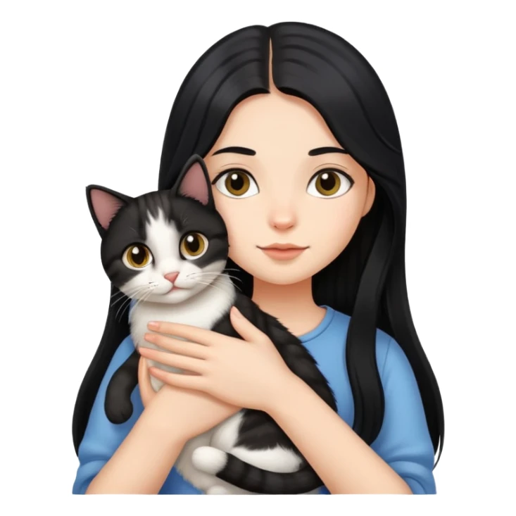 Long black hair girl holding a haired tabby cat sticker