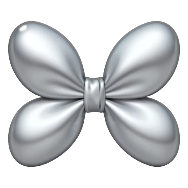 A cute bow emoji made of polished silver chrome, smooth rounded loops, glossy metallic surface, soft mirror reflections, subtle highlights, minimal and adorable proportions, iOS emoji style, centered composition, clean white background, soft studio lighting, no text, no outline, ultra high quality sticker
