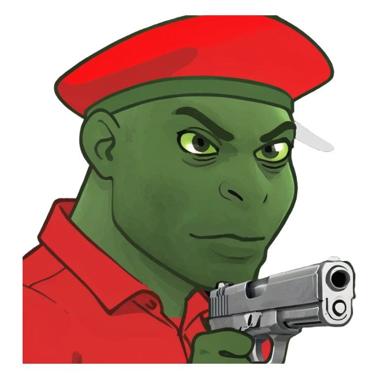 dark skin guy with all red and a red hat and gun sticker