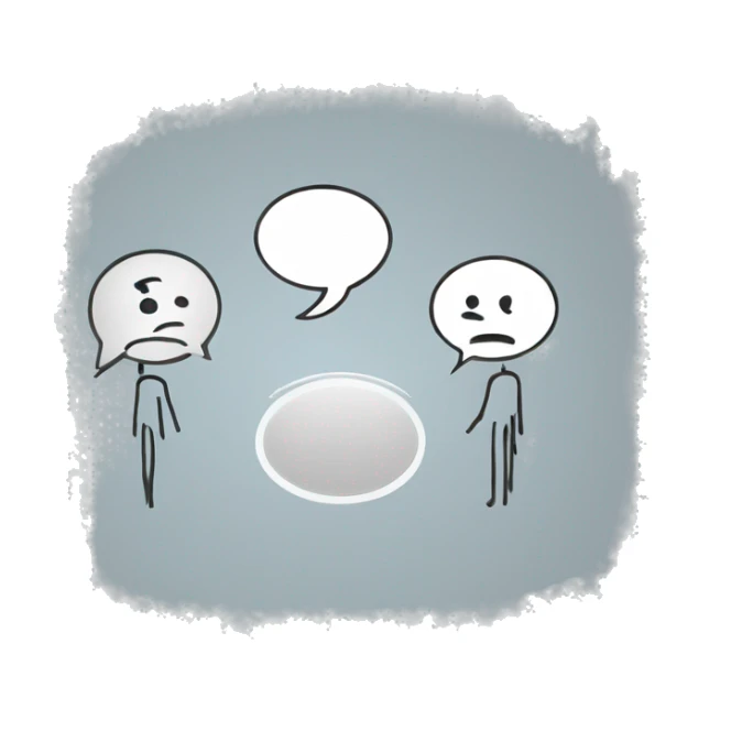stick figure on the left talking with a speech bubble with sad face and another stick figure on the right talking to them with a speech bubble with a question mark sticker