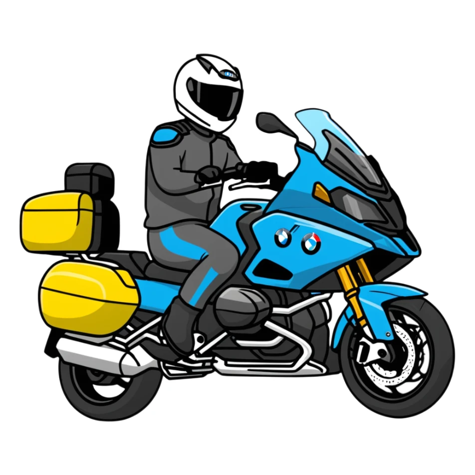 blue BMW RT1200 touring motorcycle with rider sticker