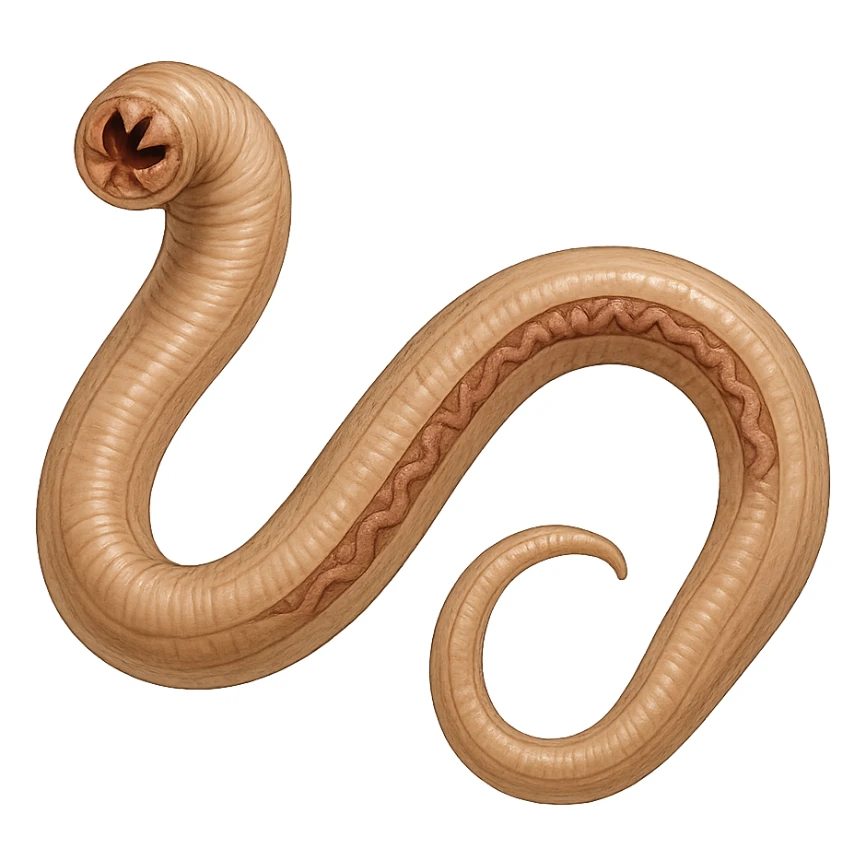 realistic intestinal parasite on isolated background, natural colors, medical illustrative style, visible anatomical details sticker