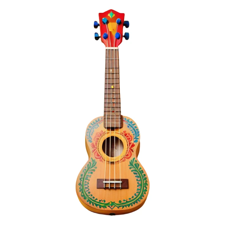 Create a vibrant and artistic emoji representing a ukulele with a Mexican design. The ukulele should feature a bright, colorful body with traditional Mexican patterns, such as geometric shapes, floral motifs, or colorful stripes. Use rich, warm tones like red, yellow, green, and blue to give the instrument a lively, festive look. Highlight the wood grain of the ukulele’s neck and fingerboard, and add subtle details like decorative inlays or a small Mexican flag symbol on the body. The strings should be clearly visible, and the instrument should be in a slightly angled position to showcase its unique design. The background should be transparent. sticker