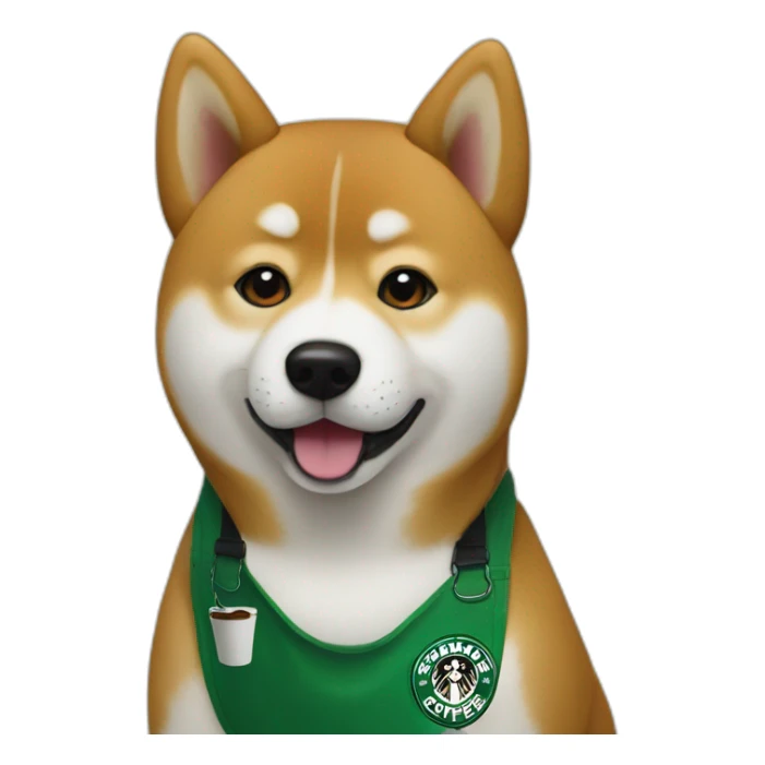 Shiba working at Starbucks with green apron sticker