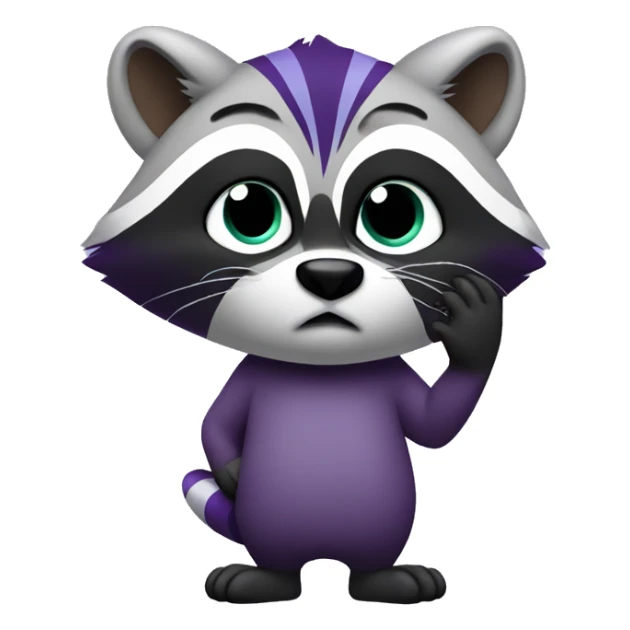purple raccoon thoughtfully holds his hand to his face and thinks. sticker