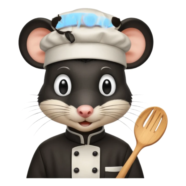 A rat with a fringe, long black hair and chefs hat sticker