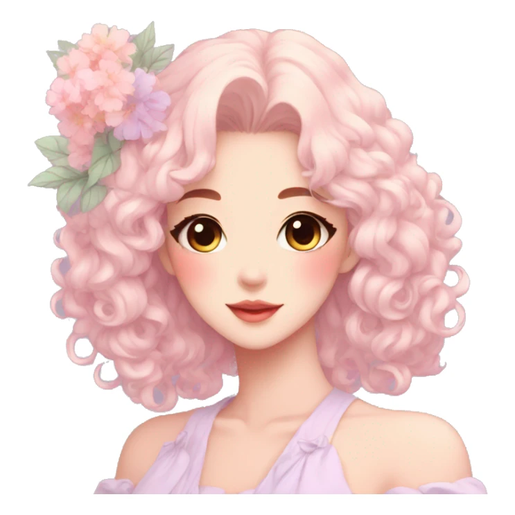 Gorgeous pastel anime style lady with blushing face and flowers aesthetic trending style sticker