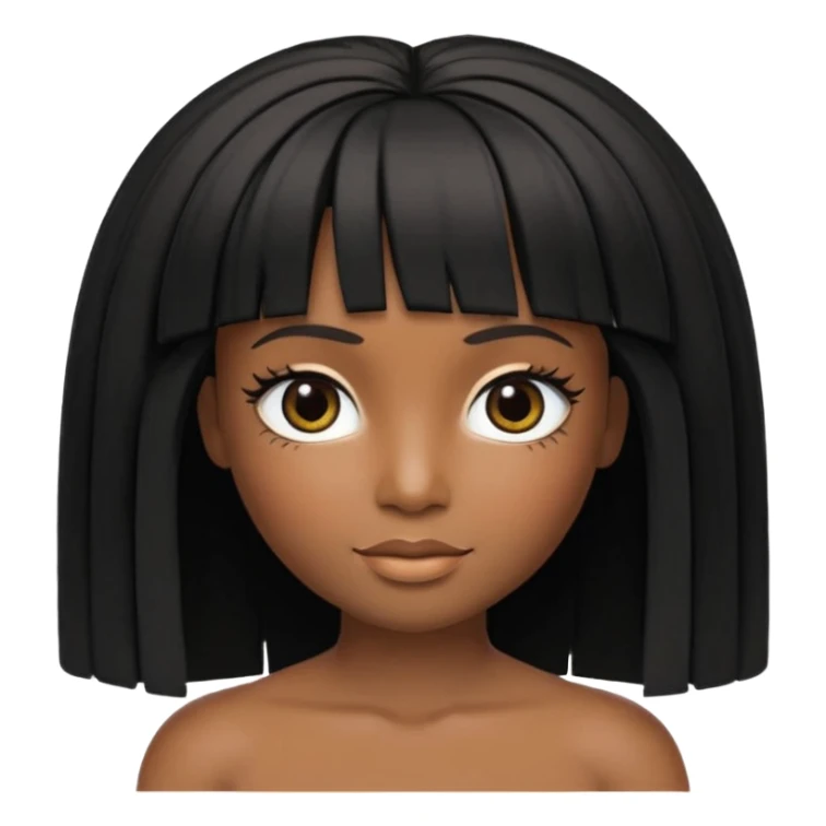 crie um icon no estilo memoji da apple de uma garota parda com cabelo preto abaixo do ombro e franja na altura dos olhos, sobrancelhas pretas, olhos castanhos escuro com delineado preto, nariz afinado, lábios grossos com batom preto e colar preto com um pingente de morcego sticker