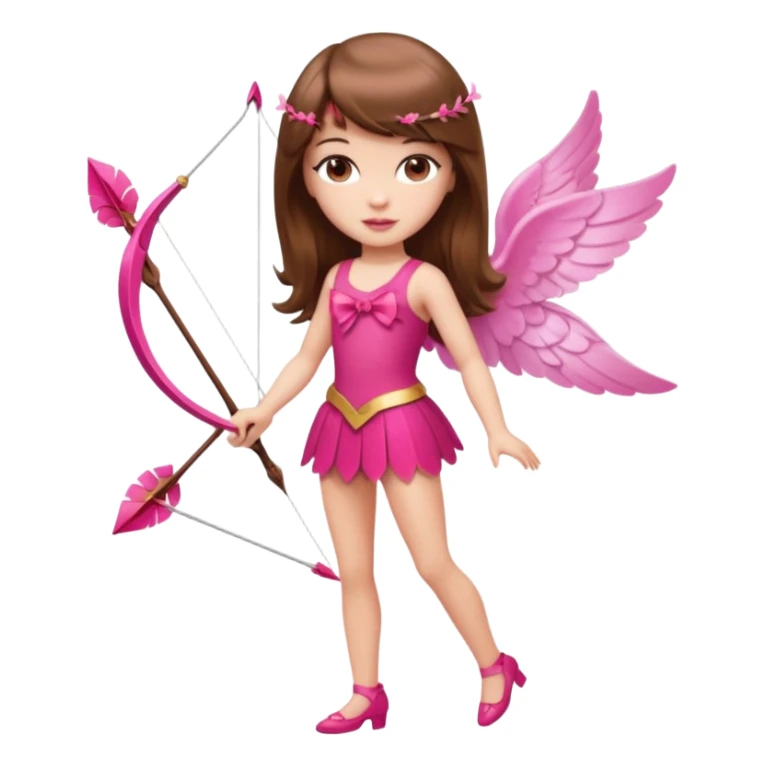 Hada de piel clara cupido pequeña  de cabello largo lacio castaño con flequillo y ojos cafés  vestida con algo sensual semitransparente corto color blanco o rojo con 1 arco y una sola flecha que combinen y labios rositas tipo Barbie pero en hada cupido de cuerpo completo de pies a cabeza   sticker