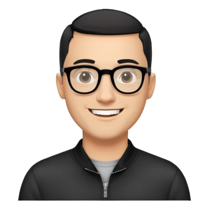 Light-skinned man with black hair in very short almost-buzz cut (minimal length but visible), short graying beard, big black glasses frames, happy smile, black long sleeve shirt with zip at neck sticker