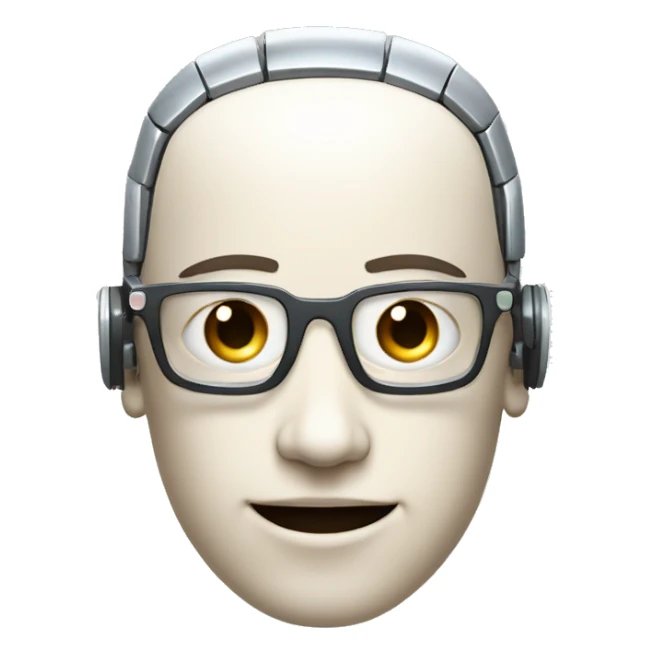 Robotic Cyborg head with fair skin, flat top haircut, rectangular glasses, circuits and smiling  sticker