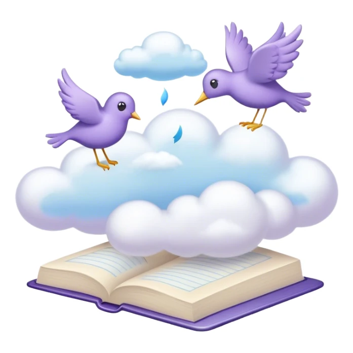 Create a whimsical and poetic emoji symbolizing poetry. The design should have several elegant pages floating smoothly in the air with short poetic columns written on them. Surround the pages with soft, fluffy clouds and include white birds flying out of the clouds, symbolizing freedom and creativity. Add a white pen resting gracefully on the pages and an inkwell. The overall color palette should include soft pastel tones such as light blue, purple and cream, which will add airiness and dreaminess to the design. Make the background transparent sticker