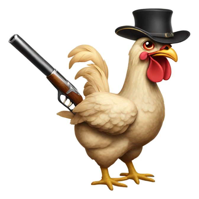 Chicken with a cigar in its mouth holding a double barrelled shotgun sticker