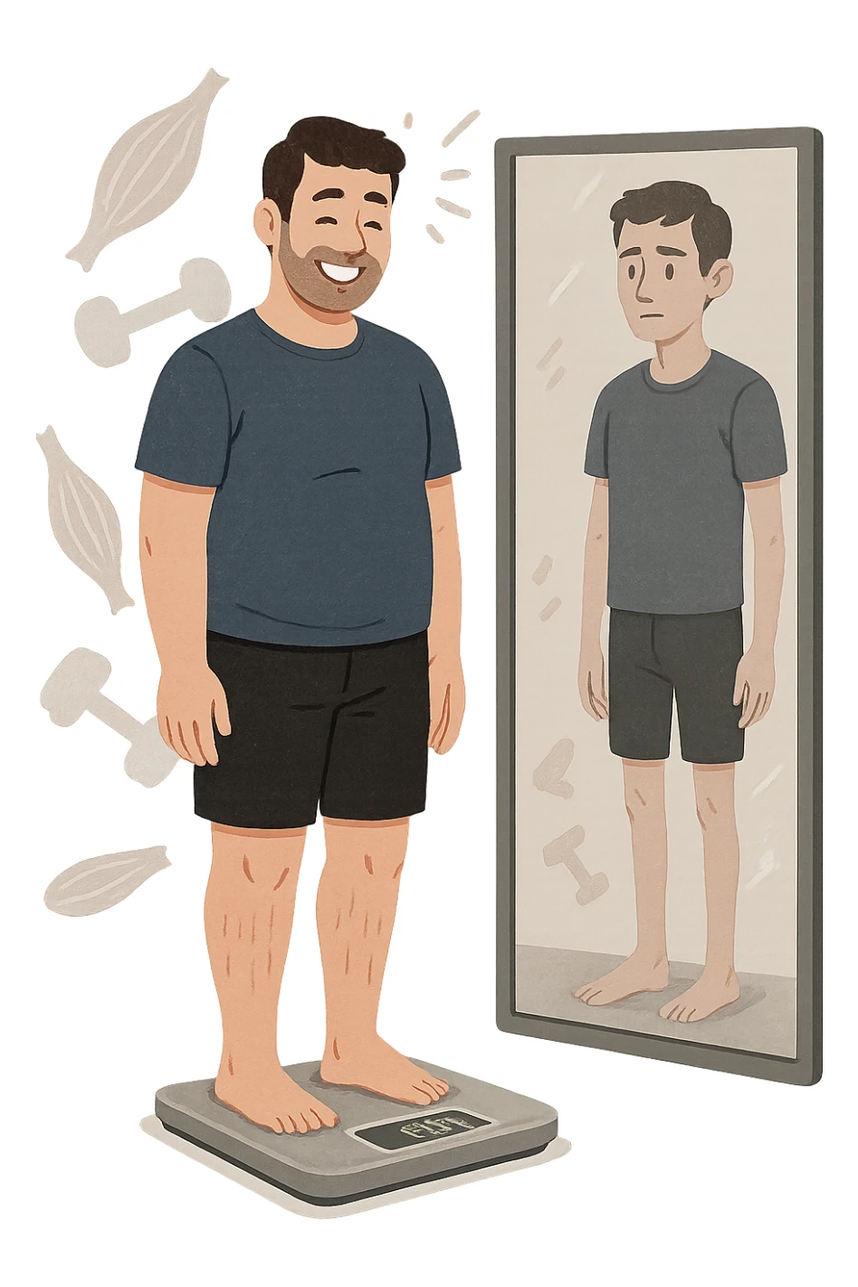 a man stands on a scale, smiling at the lower number, but his reflection in a nearby mirror shows a thinner, but also visibly weaker and less muscular body. Around him, floating icons or faded images of muscle fibers and dumbbells highlight the overlooked loss of muscle mass. The mood is cautionary and educational. in italiano sticker