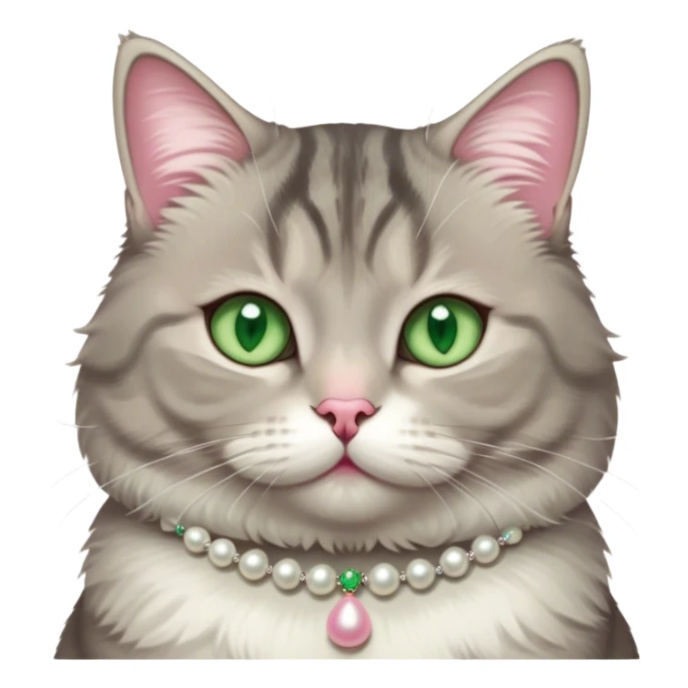 fluffy, slightly chubby, light grey tabby cat with green eyes, white tummy, and a pearl necklace  sticker