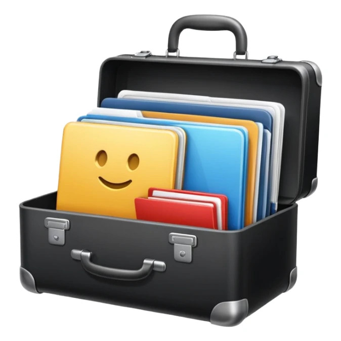 business suitcase filled with icons for CRM, tasks, chat, and documents, unified productivity platform, clean modern emoji style sticker