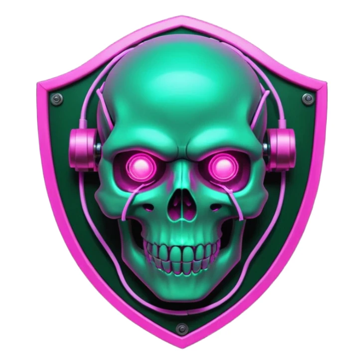 Cyberpunk shield, skull with cybernetic implants, glowing wires, dark electric green and pink tones, no background sticker