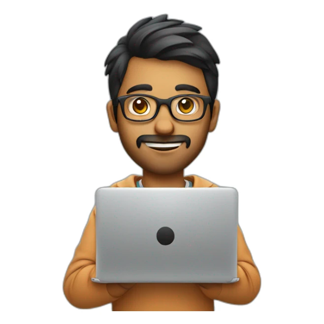 indian student developer with a laptop, wearing glasses, no beard sticker