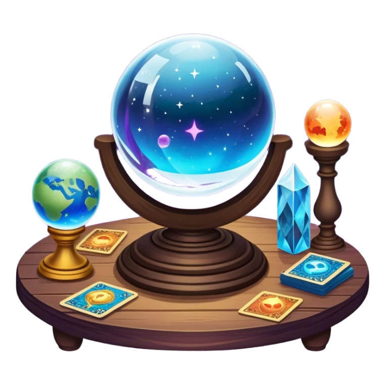 a mystical icon featuring a crystal ball (fortune-telling sphere) on a table with tarot cards scattered around. Surround the scene with planets, stars, and zodiac signs. The design is vibrant, magical, and evoke a sense of mystery and spirituality, with glowing effects and a cosmic atmosphere. sticker