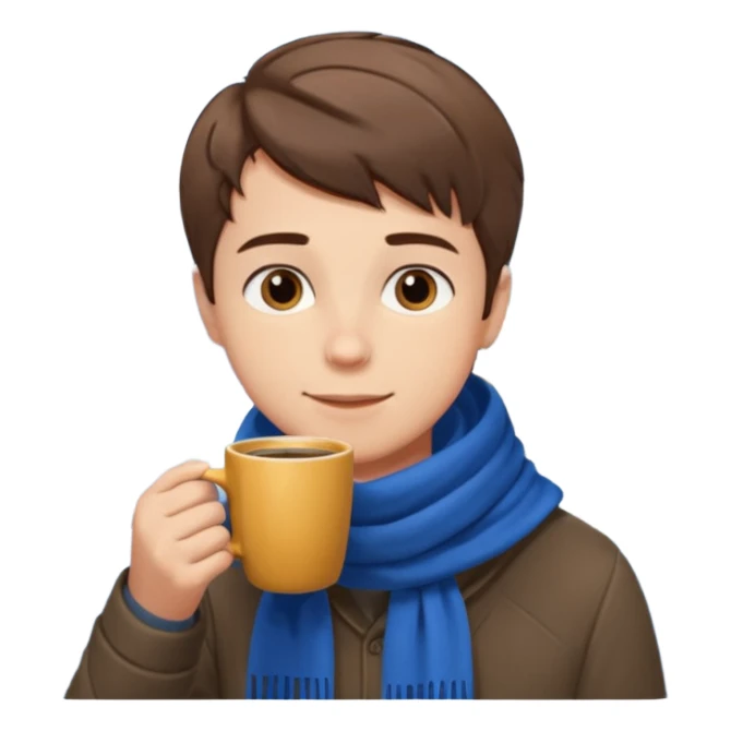 a boy with short hair, having scarf,  drink coffee, enjoy sticker