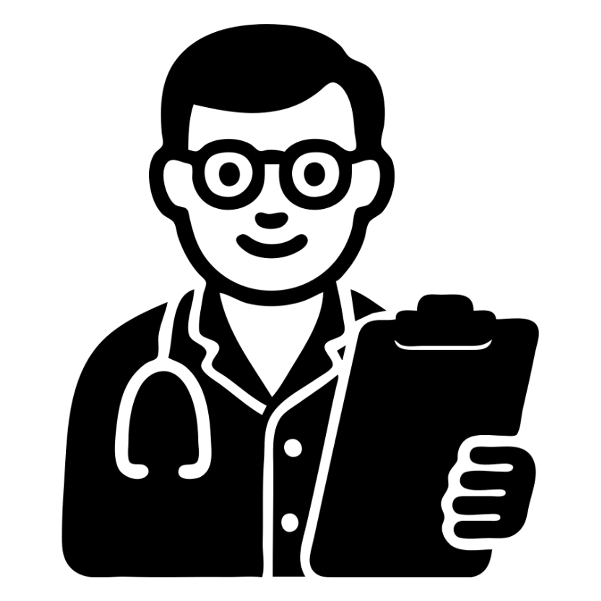 doctor wearing classic white coat and glasses, holding clipboard, friendly expression, flat icon style sticker