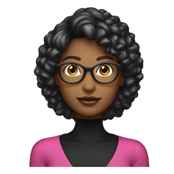 Mulher de pele branca com cabelo médio, preto, sobrancelhas grossas, olhos brilhantes, óculos, boca rosada, olhos castanhos, duas covinhas, blusa de gola alta preta   sticker