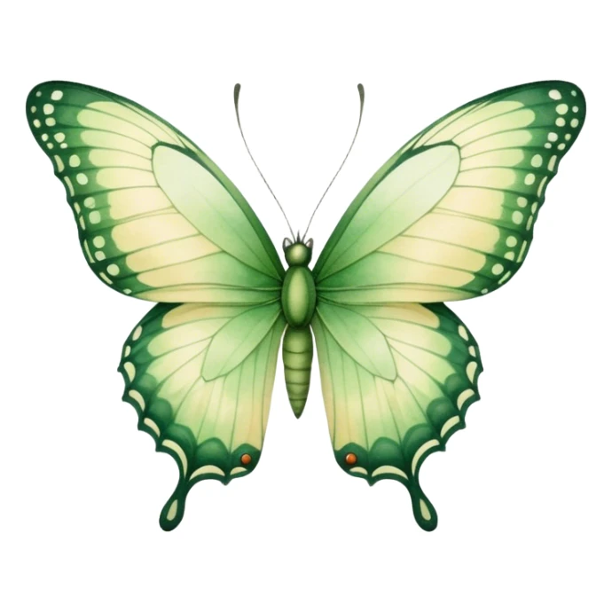 A delicate green butterfly with watercolor texture, featuring soft gradients and intricate wing details, set against a light beige background. sticker