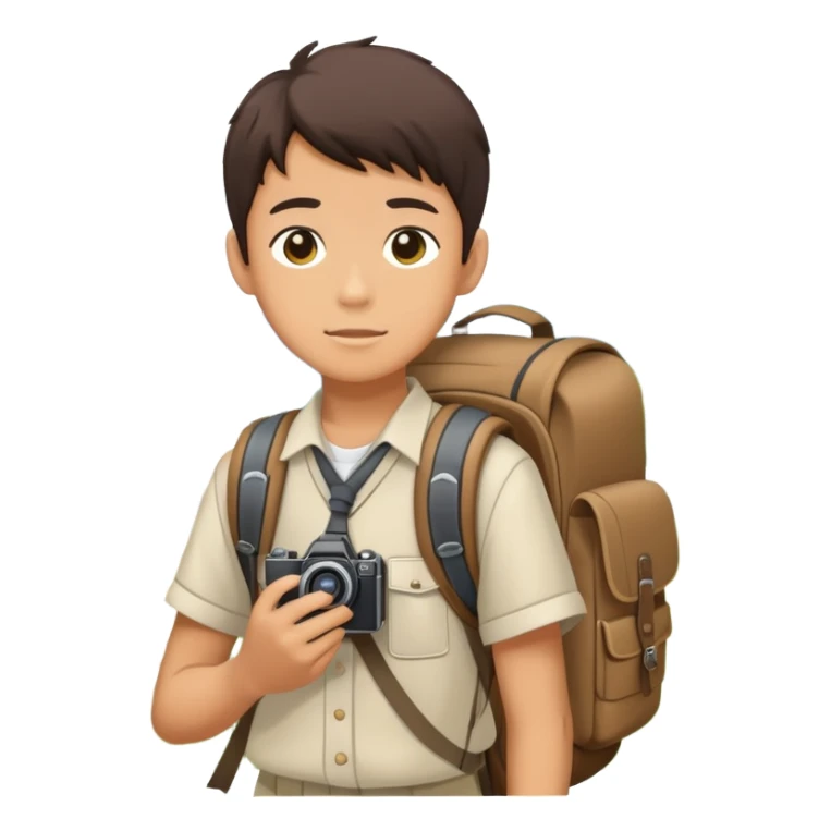 Japanese high school boy with camera and backpack during school field trip at historical site sticker