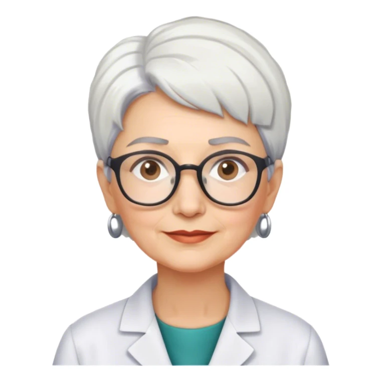 Older scientist woman, short cropped white hair, brown brows, glasses  sticker