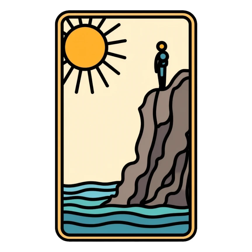 The Fool tarot card with sun in corner and figure near cliff sticker